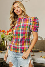 BiBi Short Puff Sleeve Vintage Plaid Top – Cute & Casual Style