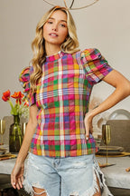 BiBi Short Puff Sleeve Vintage Plaid Top – Cute & Casual Style