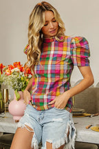 BiBi Short Puff Sleeve Vintage Plaid Top – Cute & Casual Style
