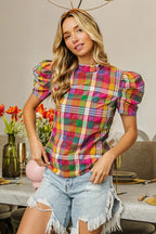 BiBi Short Puff Sleeve Vintage Plaid Top – Cute & Casual Style