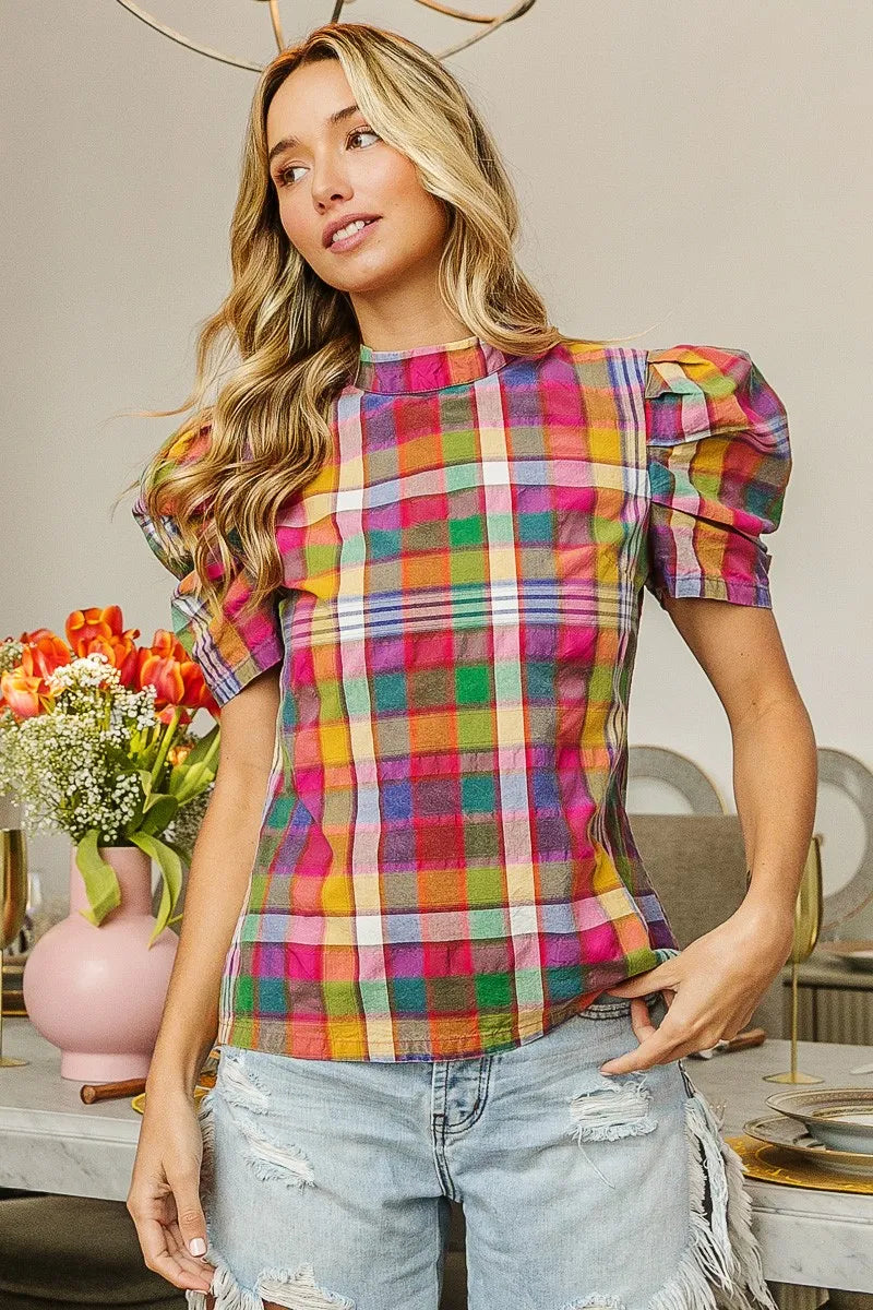 BiBi Short Puff Sleeve Vintage Plaid Top – Cute & Casual Style