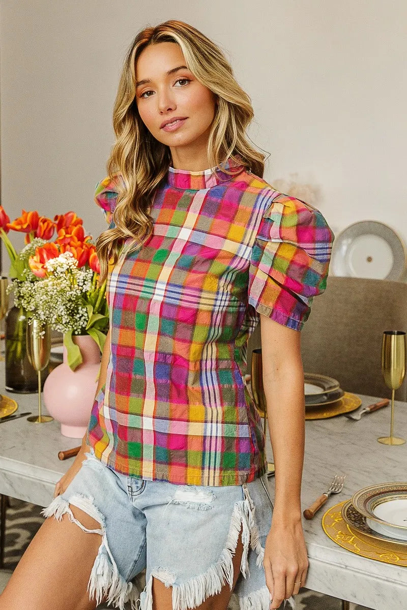BiBi Short Puff Sleeve Vintage Plaid Top – Cute & Casual Style