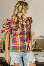 BiBi Short Puff Sleeve Vintage Plaid Top – Cute & Casual Style