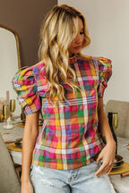 BiBi Short Puff Sleeve Vintage Plaid Top – Cute & Casual Style