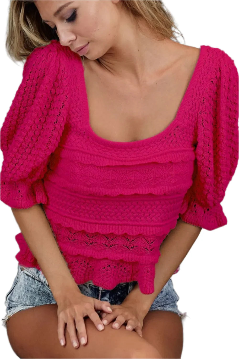 BiBi Square Neckline with Puff Sleeve Crochet Top