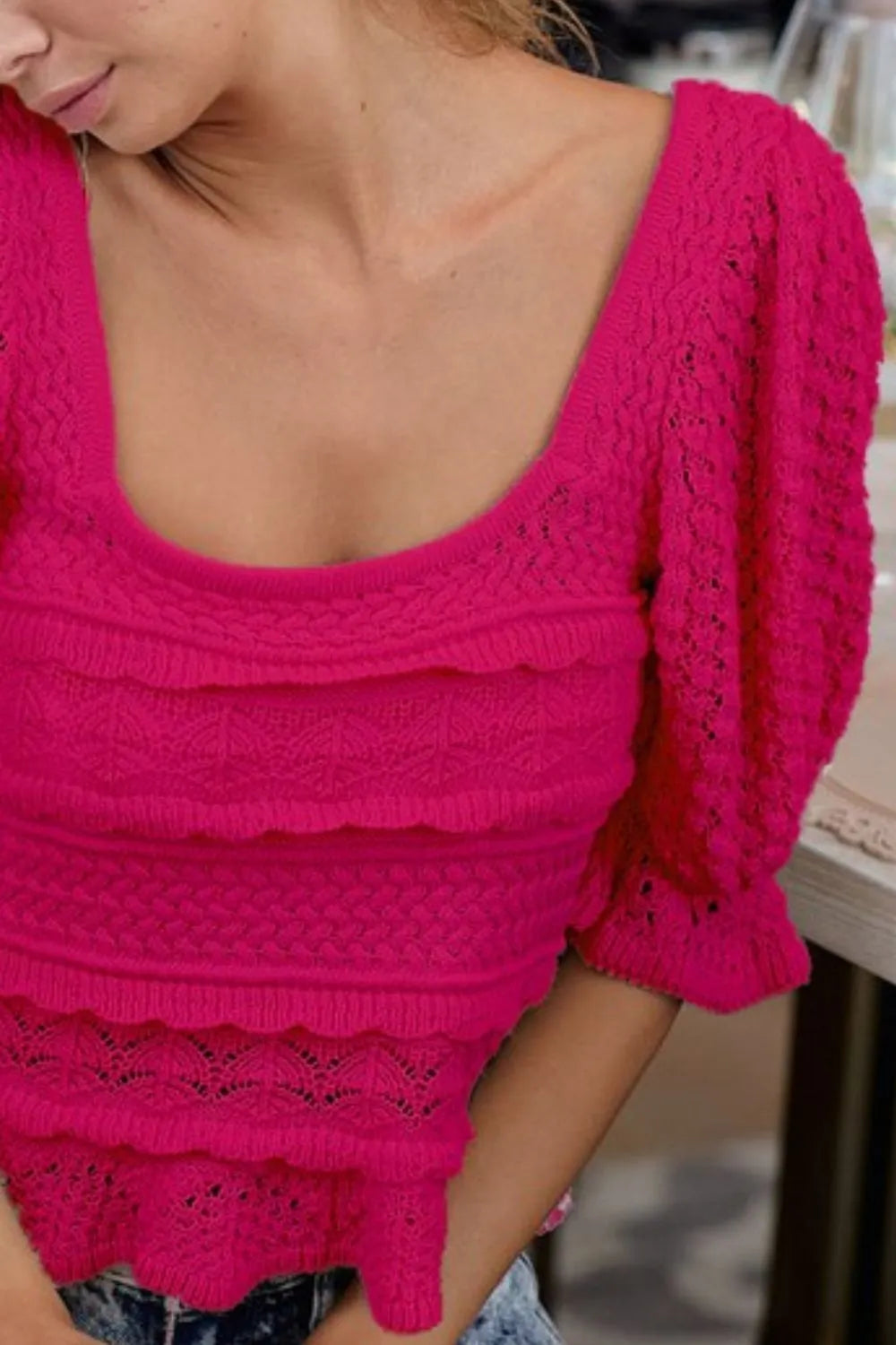 BiBi Square Neckline with Puff Sleeve Crochet Top