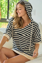 BiBi Stripe Fleece Notch Neck Short Sleeve Hoodie