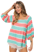 BiBi Stripe Printed Bubble Woven Balloon Sleeves Top