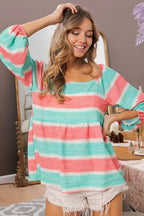 BiBi Stripe Printed Bubble Woven Balloon Sleeves Top