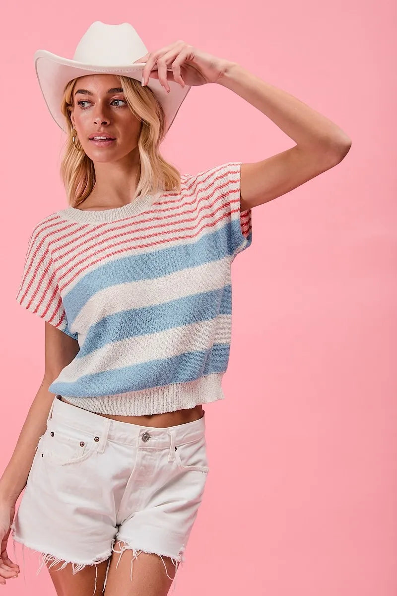 BiBi Striped Lightweight Short Sleeve Sweater Comfy Casual Chic