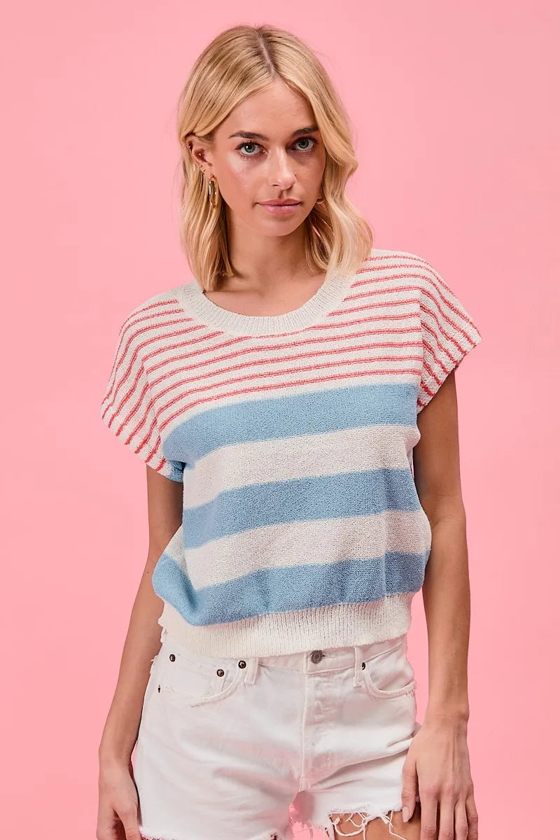 BiBi Striped Lightweight Short Sleeve Sweater Comfy Casual Chic