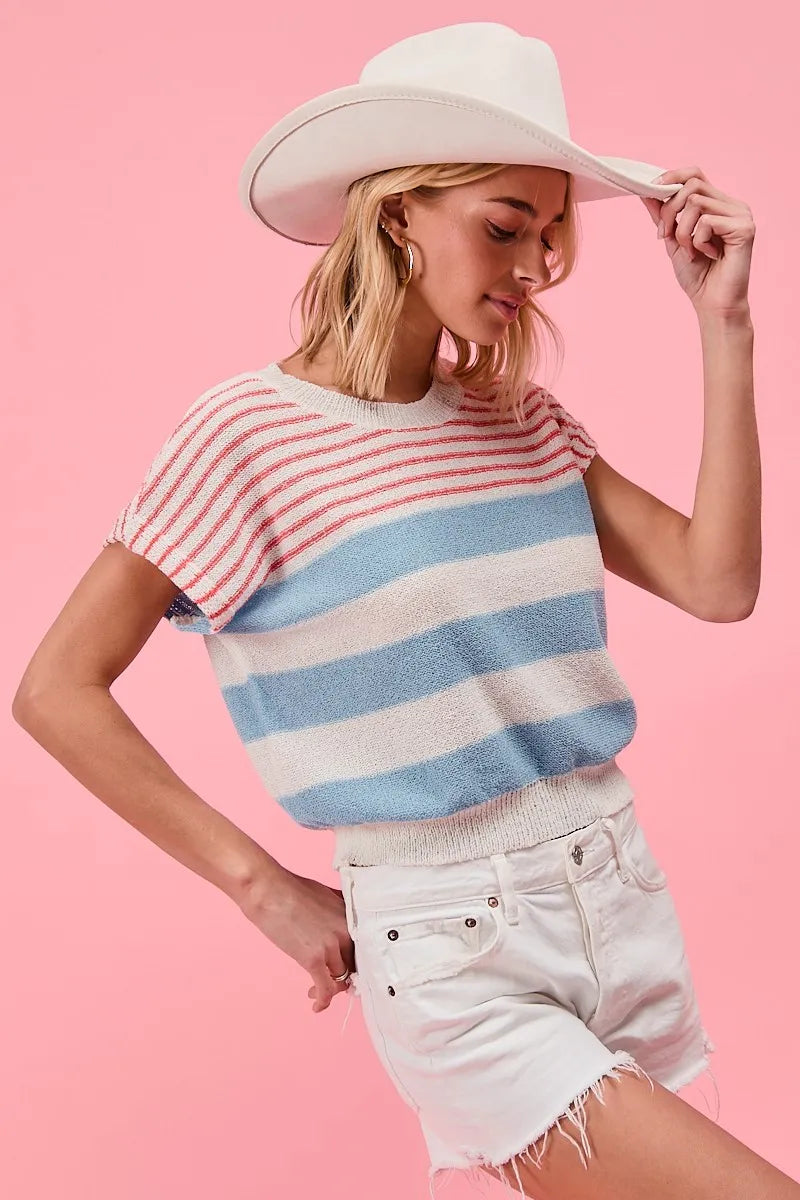 BiBi Striped Lightweight Short Sleeve Sweater Comfy Casual Chic
