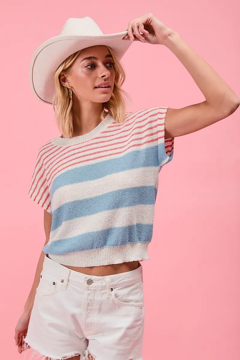 BiBi Striped Lightweight Short Sleeve Sweater Comfy Casual Chic