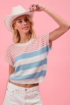 BiBi Striped Lightweight Short Sleeve Sweater Comfy Casual Chic
