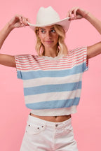 BiBi Striped Lightweight Short Sleeve Sweater Comfy Casual Chic