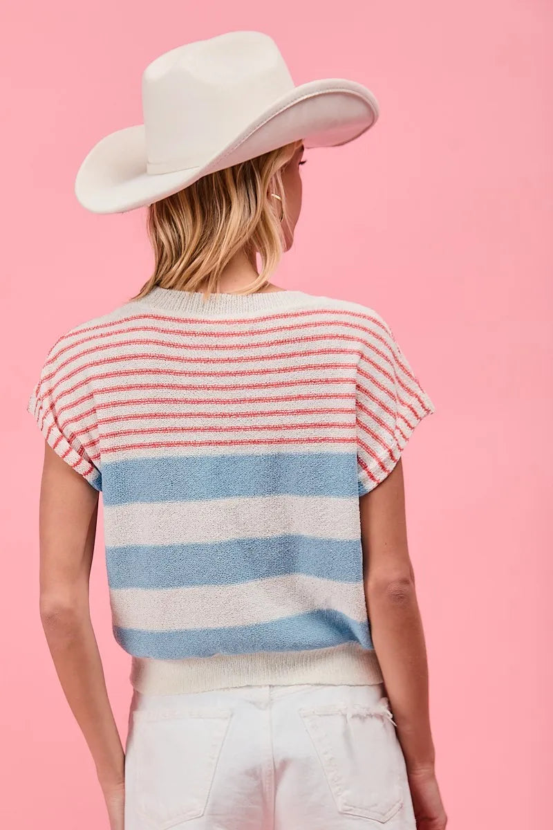 BiBi Striped Lightweight Short Sleeve Sweater Comfy Casual Chic