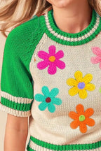 BiBi Striped Sweater with Crochet Flower Patches – Ribbed Knit Top for Women