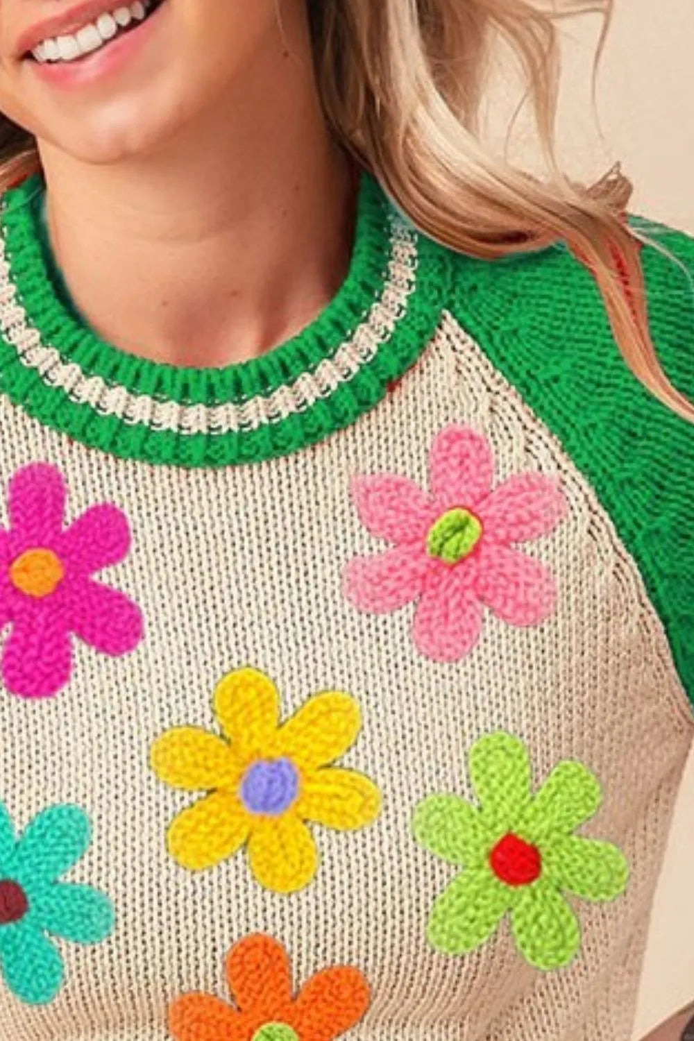 BiBi Striped Sweater with Crochet Flower Patches – Ribbed Knit Top for Women