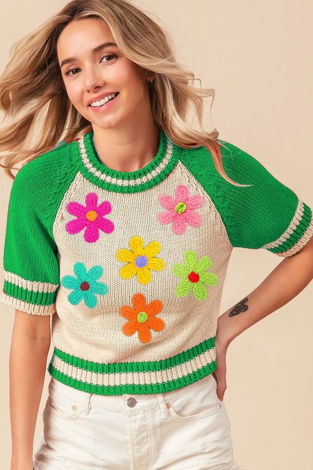 BiBi Striped Sweater with Crochet Flower Patches – Ribbed Knit Top for Women