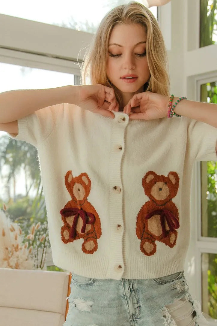 BiBi Teddy Bear Patch Sweater – Button Down Knit Top with Bow Detail for Women