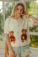 BiBi Teddy Bear Patch Sweater – Button Down Knit Top with Bow Detail for Women