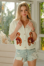BiBi Teddy Bear Patch Sweater – Button Down Knit Top with Bow Detail for Women