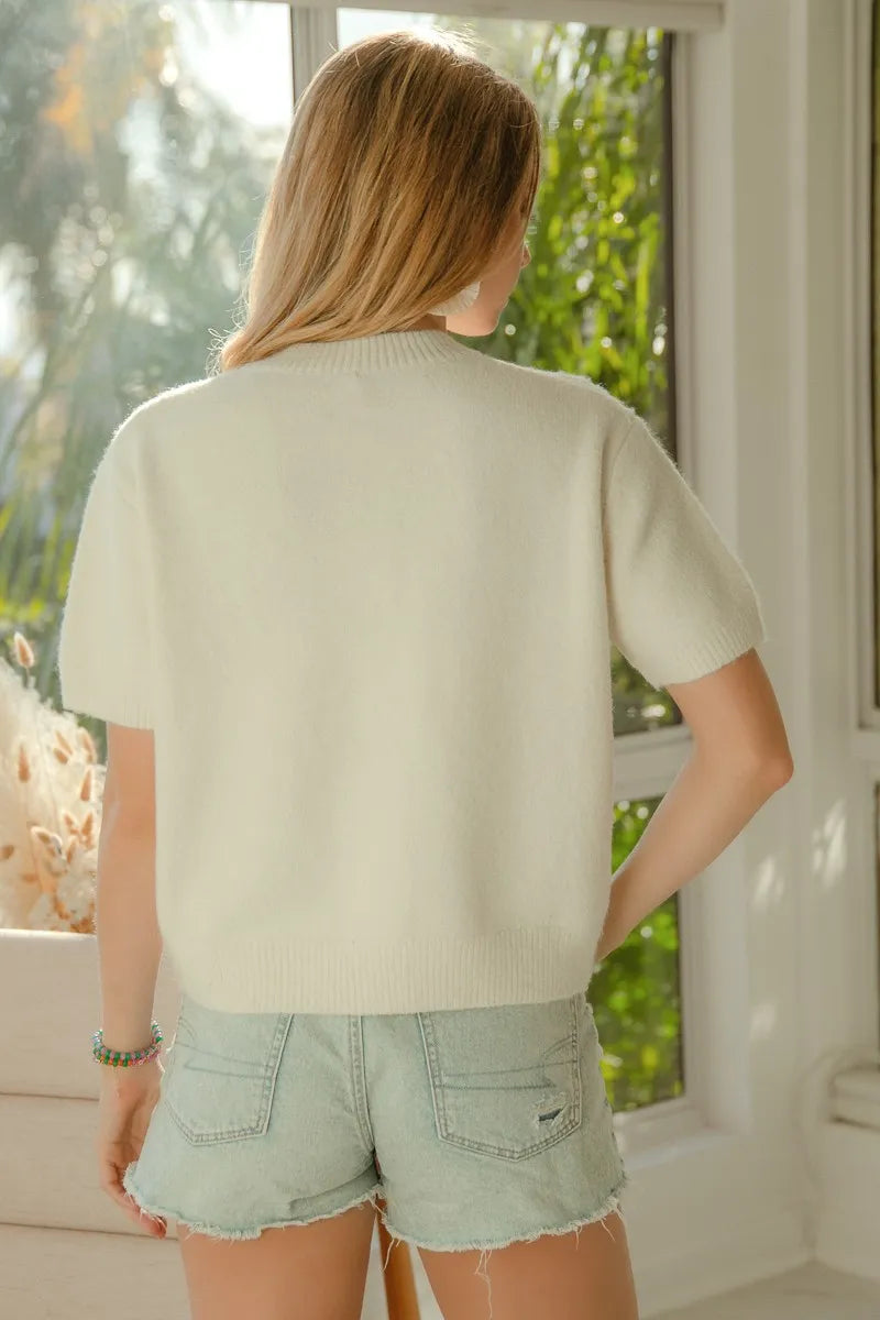 BiBi Teddy Bear Patch Sweater – Button Down Knit Top with Bow Detail for Women