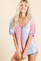 BiBi Tie Dye French Terry Top Buttoned Placket Comfy Casual Style