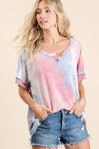 BiBi Tie Dye French Terry Top Buttoned Placket Comfy Casual Style