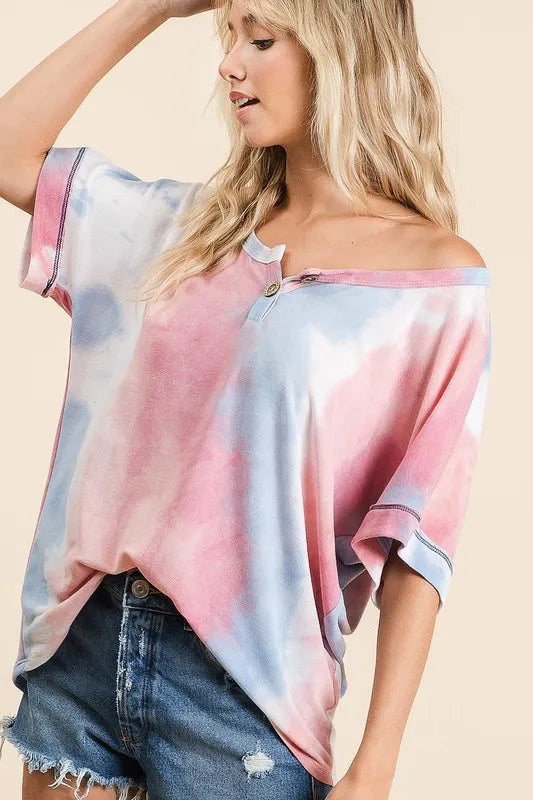 BiBi Tie Dye French Terry Top Buttoned Placket Comfy Casual Style