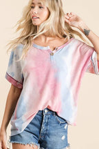BiBi Tie Dye French Terry Top Buttoned Placket Comfy Casual Style