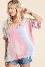 BiBi Tie Dye French Terry Top Buttoned Placket Comfy Casual Style