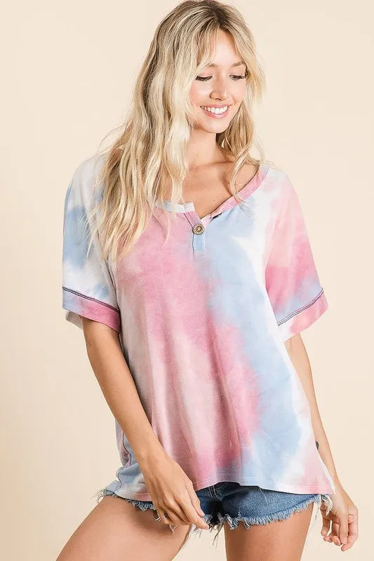 BiBi Tie Dye French Terry Top Buttoned Placket Comfy Casual Style