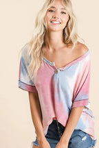 BiBi Tie Dye French Terry Top Buttoned Placket Comfy Casual Style