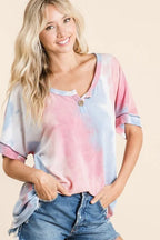 BiBi Tie Dye French Terry Top Buttoned Placket Comfy Casual Style