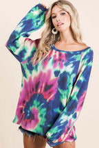 BiBi Tie Dye Print Terry Top with Puff Sleeves