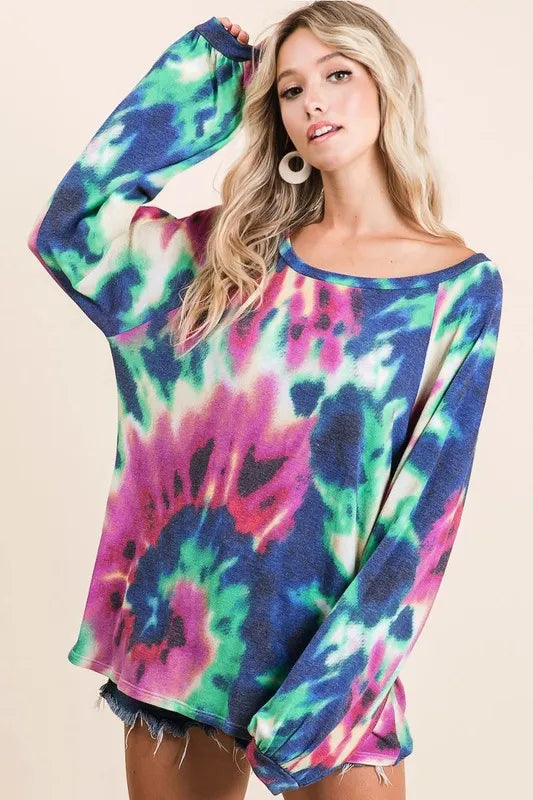 BiBi Tie Dye Print Terry Top with Puff Sleeves