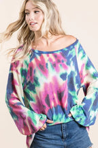 BiBi Tie Dye Print Terry Top with Puff Sleeves