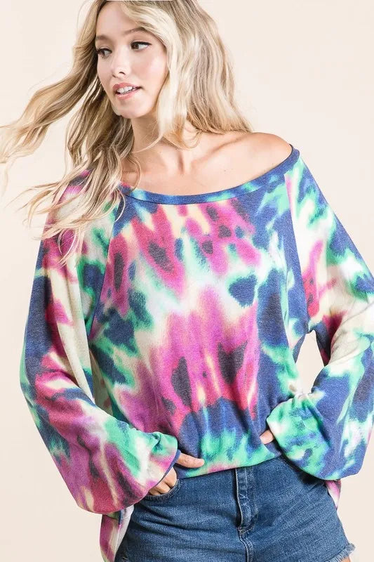 BiBi Tie Dye Print Terry Top with Puff Sleeves