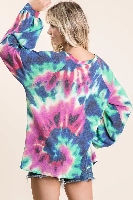 BiBi Tie Dye Print Terry Top with Puff Sleeves