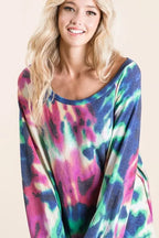 BiBi Tie Dye Print Terry Top with Puff Sleeves