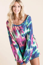 BiBi Tie Dye Print Terry Top with Puff Sleeves