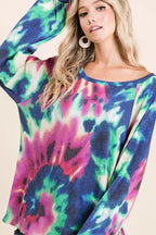BiBi Tie Dye Print Terry Top with Puff Sleeves