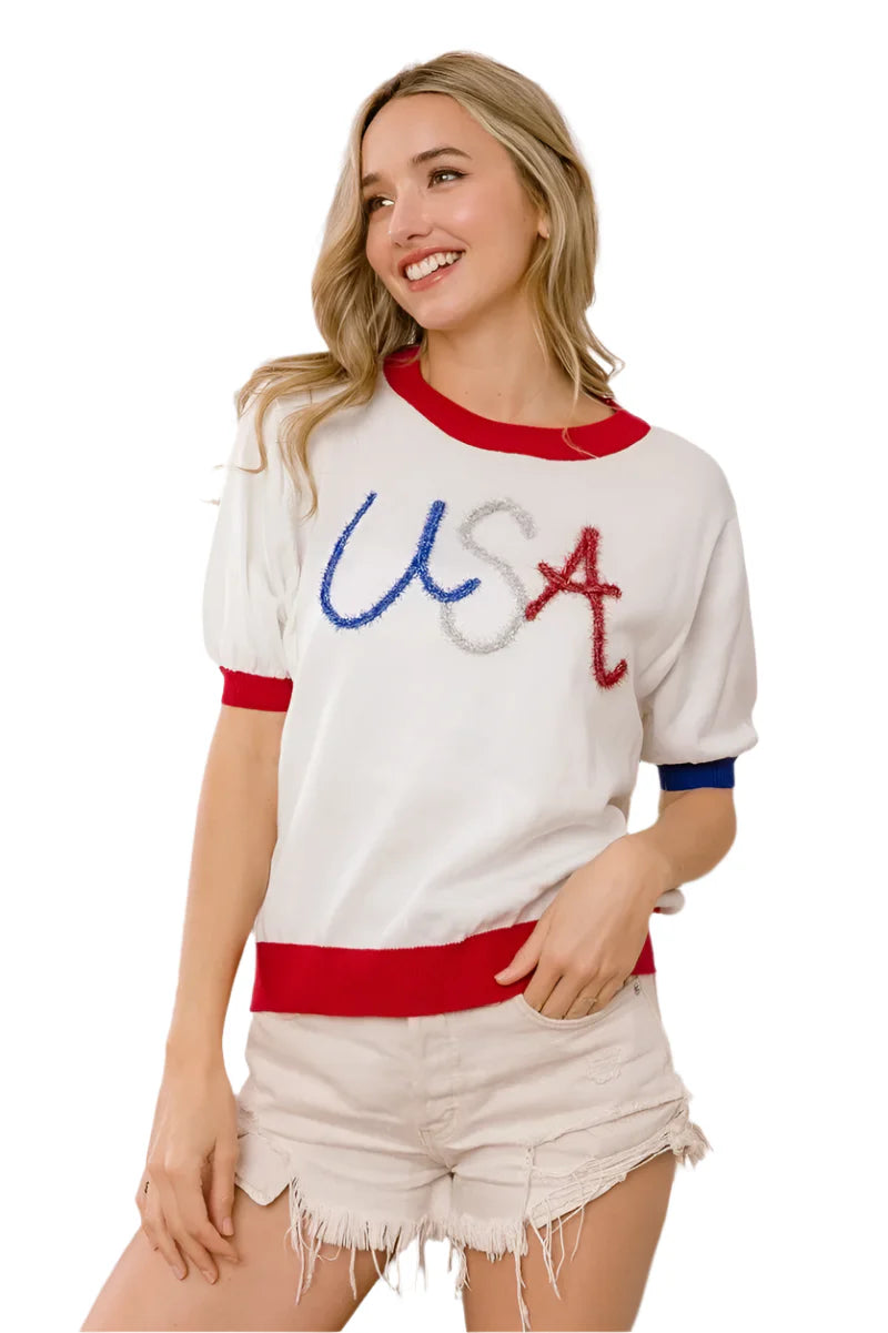 BiBi USA Metallic Letter Color Block Knit Top