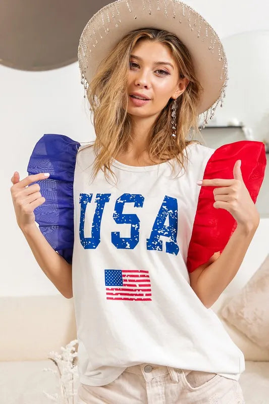 BiBi USA Theme Color Block Organza Ruffle Sleeve Top