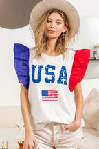 BiBi USA Theme Color Block Organza Ruffle Sleeve Top