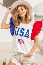 BiBi USA Theme Color Block Organza Ruffle Sleeve Top
