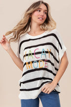 BiBi Vacay Mode Lettering Drop Shoulder Striped Sweater