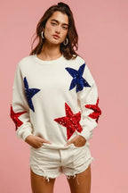 BiBi Velvet Sweater Top – Sequin Star Patches for Glam Sparkle