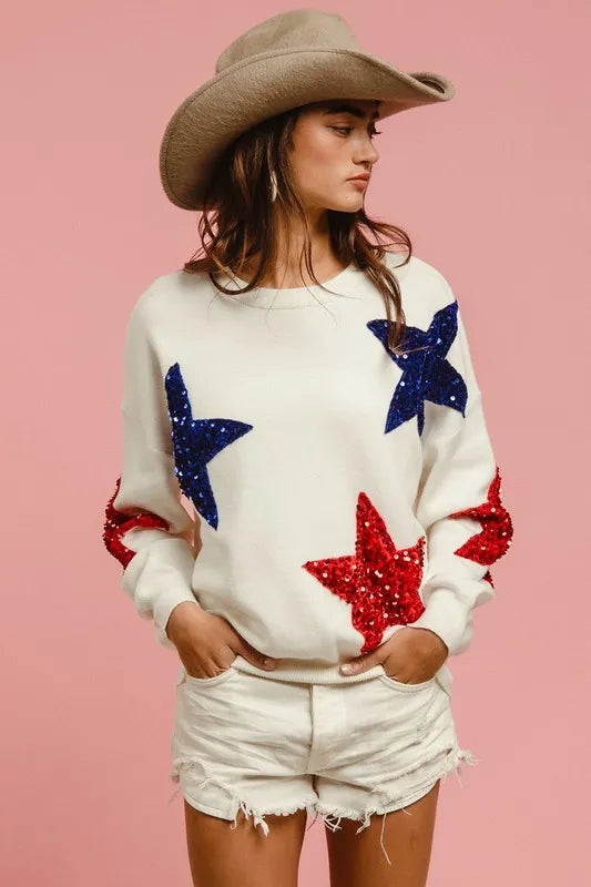 BiBi Velvet Sweater Top – Sequin Star Patches for Glam Sparkle